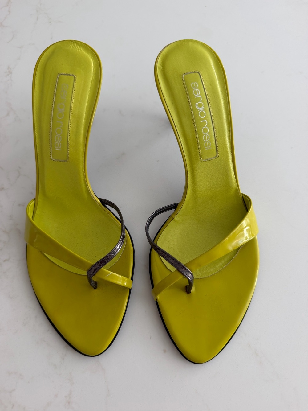 Sergio Rossi Neon Lime Patent Slide Mules